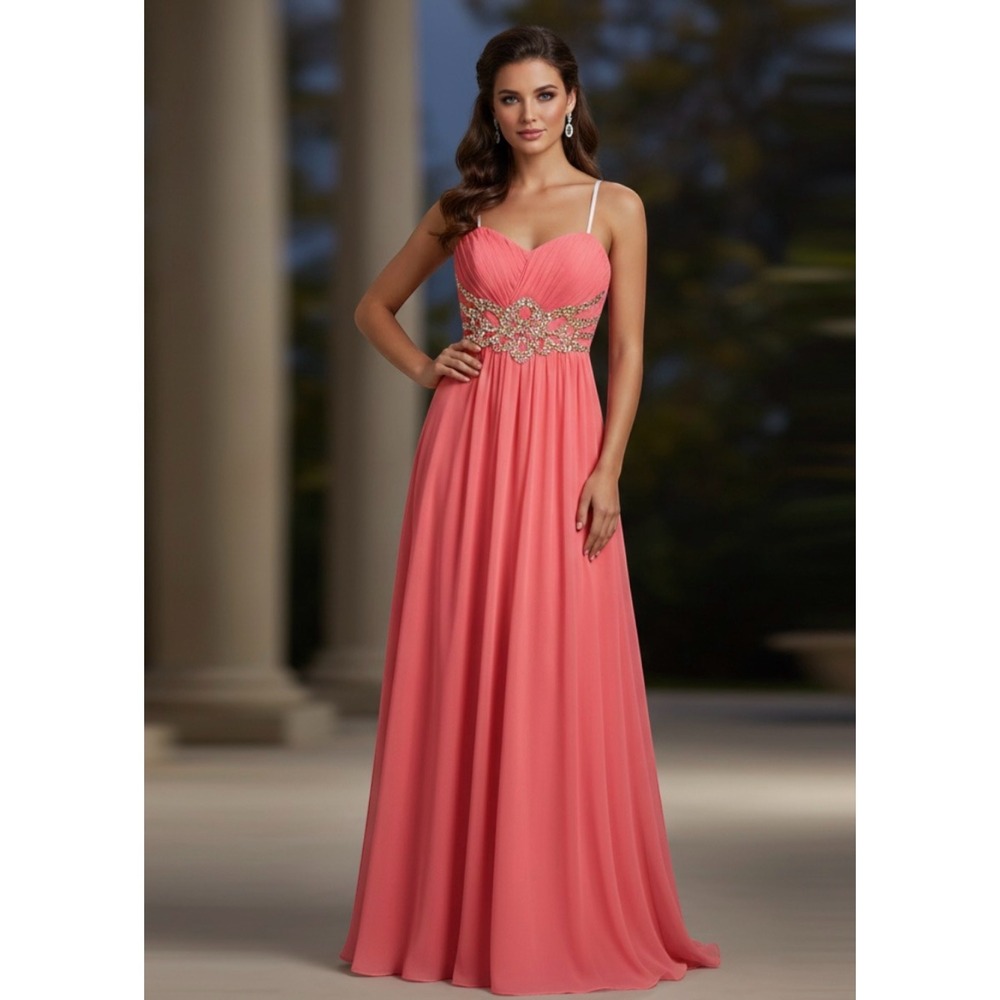 Jodi Kristopher Coral Pink Rhinestone Sz 1‎ Embellished Prom Formal Gown Dress